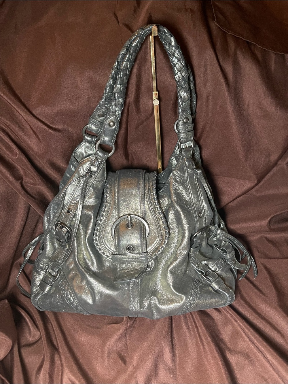 VTG Coach Metallic Gunmetal Leather Annie XL Hobo Bag 2009 Rare Purple Lining